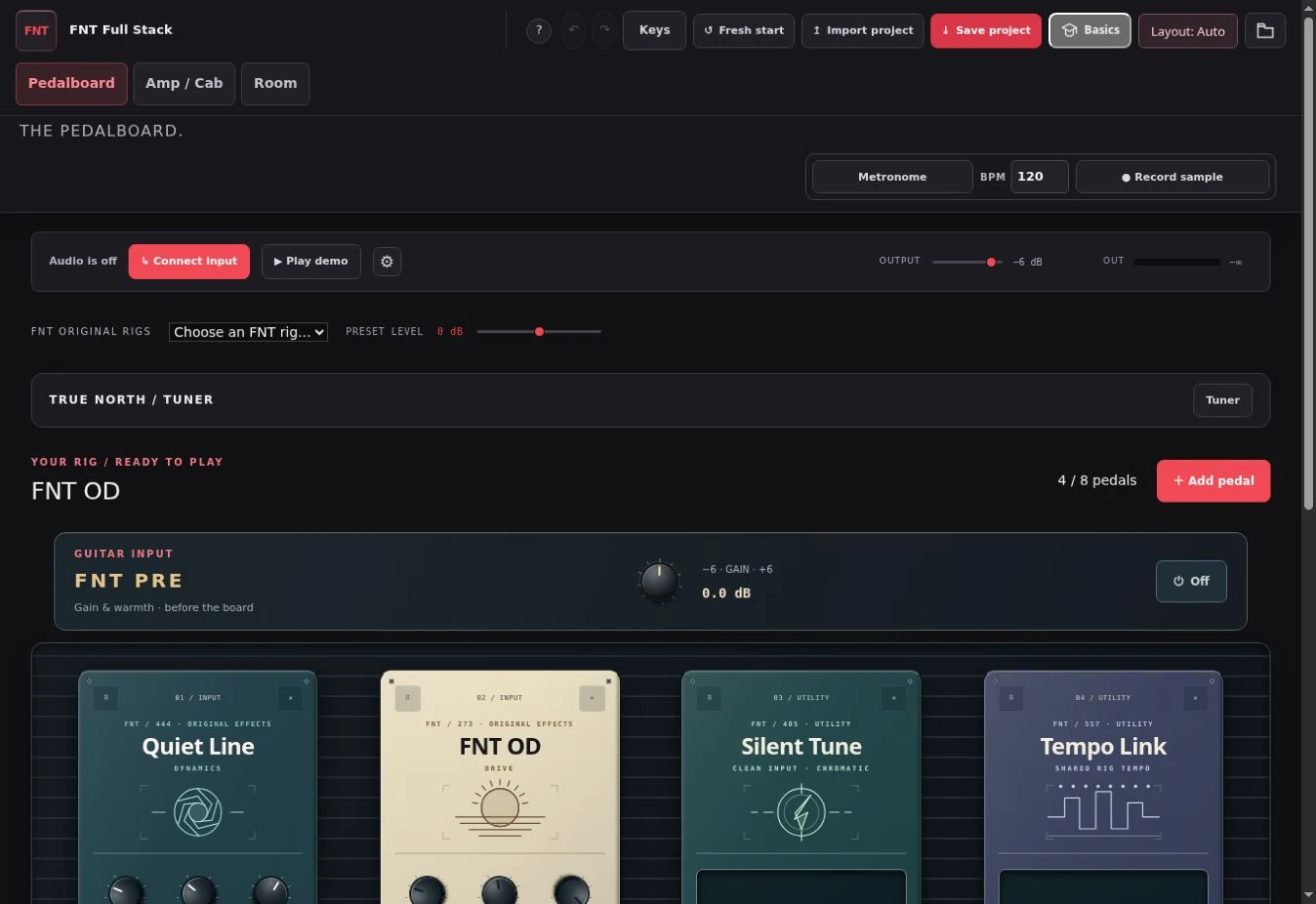 The current browser pedalboard with FNT OD, Quiet Line, Silent Tune and Tempo Link.