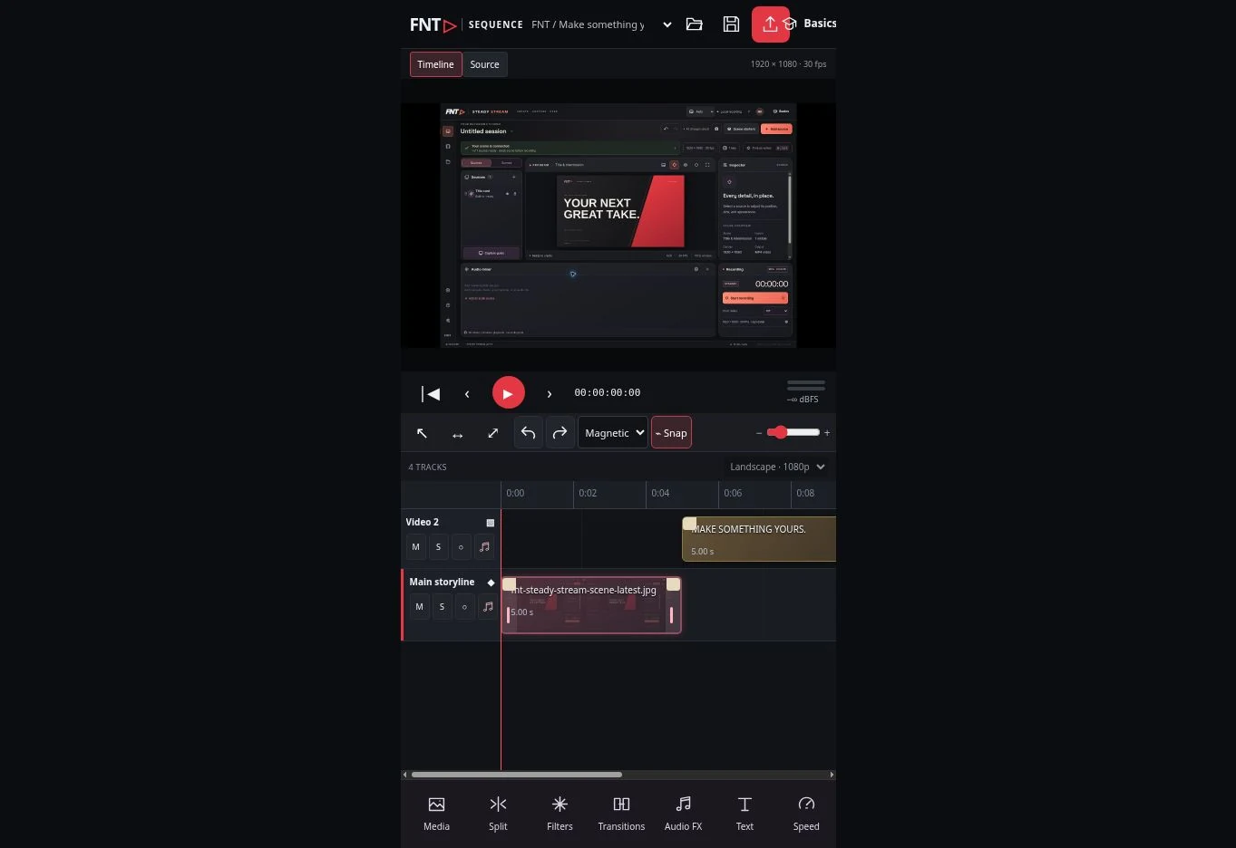 Current published Phone layout selected at desktop viewport size, showing its simplified editing dock. Sample media is an FNT Steady Stream workspace capture.