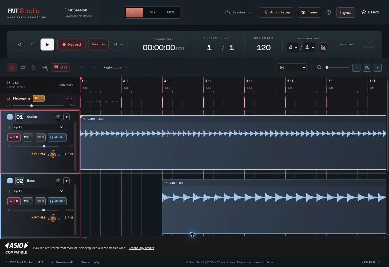 FNT Session’s current multitrack audio timeline