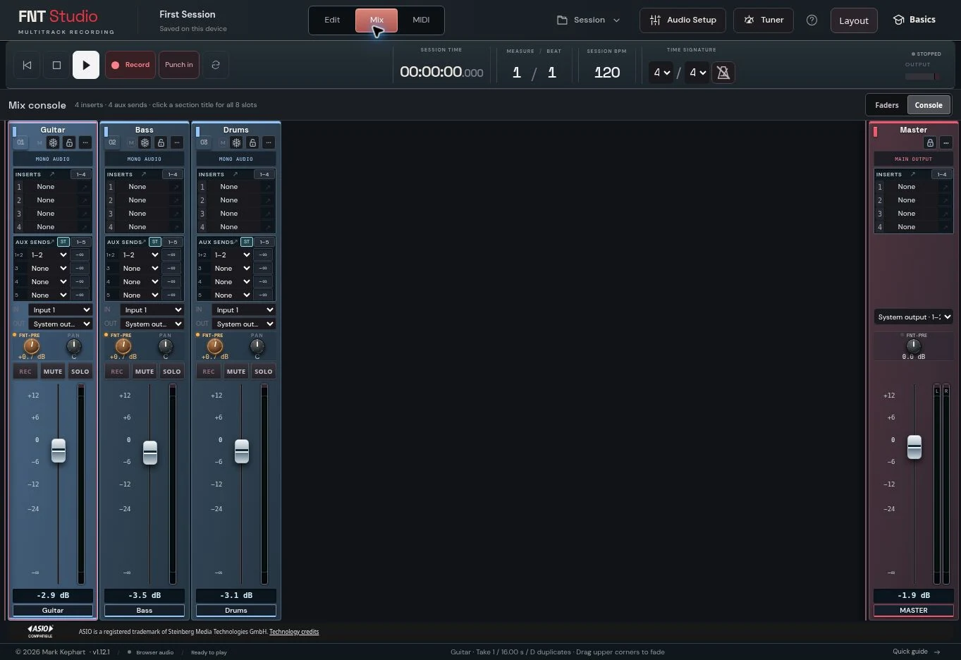 The same demo in the current mixer, with channel faders, inserts, aux sends and the master strip.