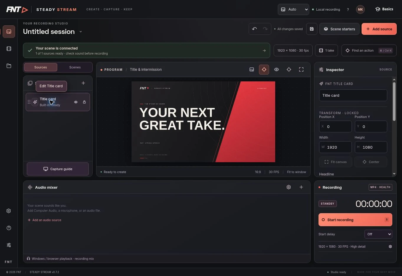The same scene with its title card selected, exposing text, transform and typeface controls.
